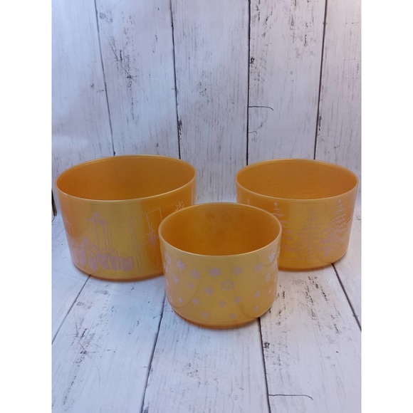 Vtg Tupperware Christmas Gold 3 Stacking Container Bowls Present Tree Snowflakes - Picture 1 of 5